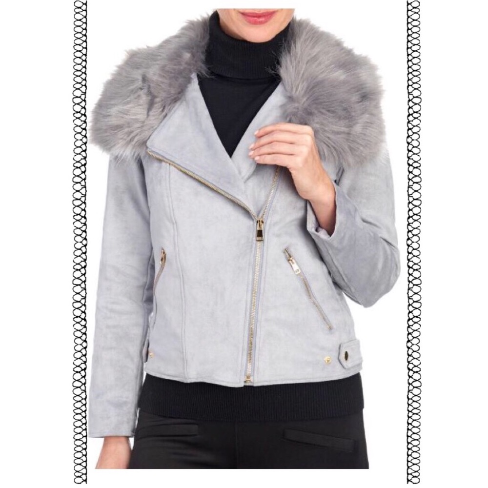 GRAY FAUX SUEDE MOTO JACKET W/REMOVABLE COLLAR